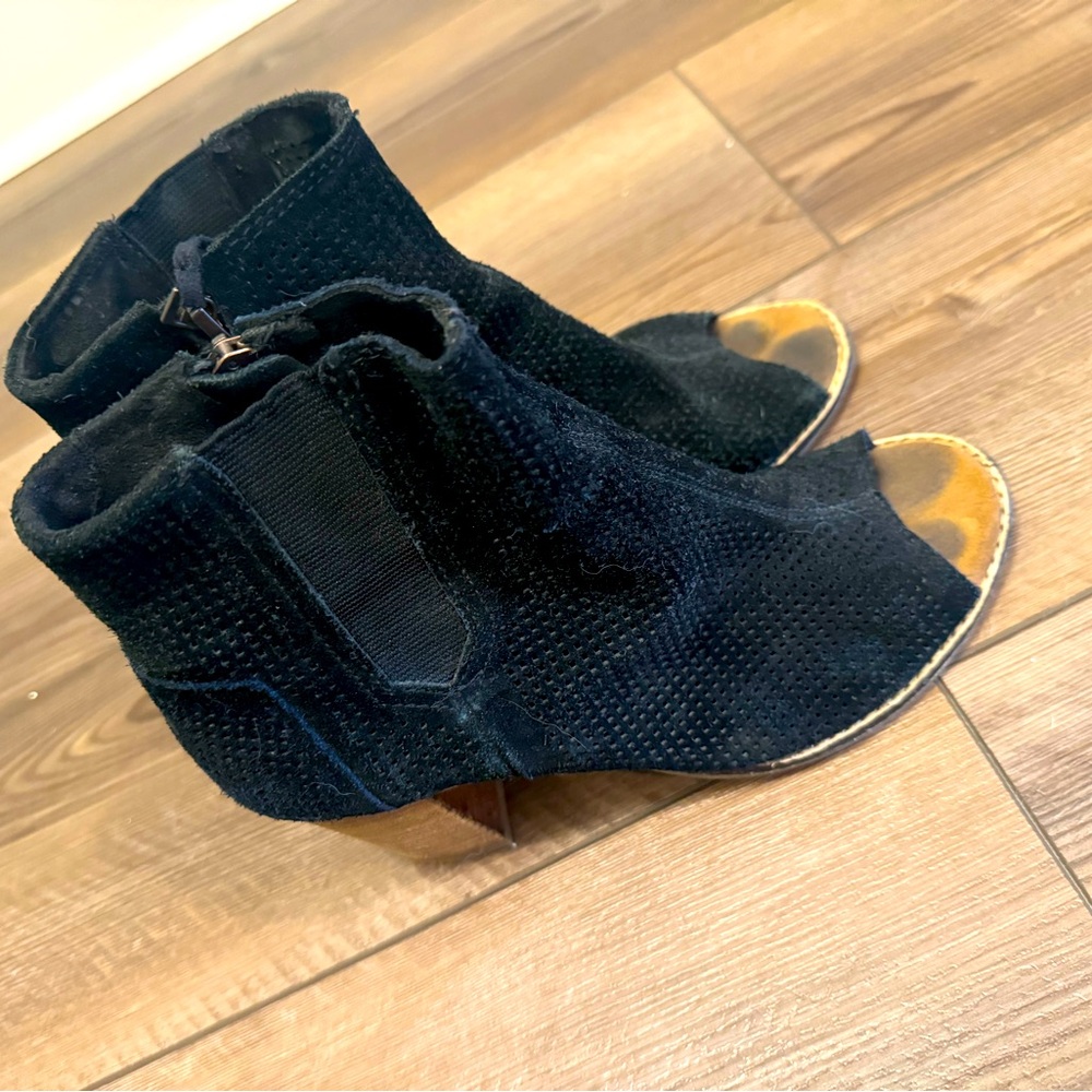 TWO open toe TOMS booties, black and beige.